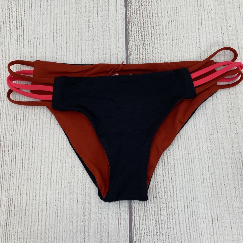 L Space Low Down Bikini Bottoms Womens XS Black Red Colorblock Reversible Summer